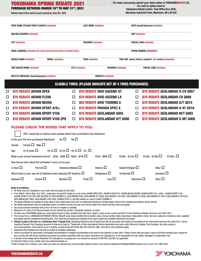 Yokohama Rebate Form Printable Rebate Form