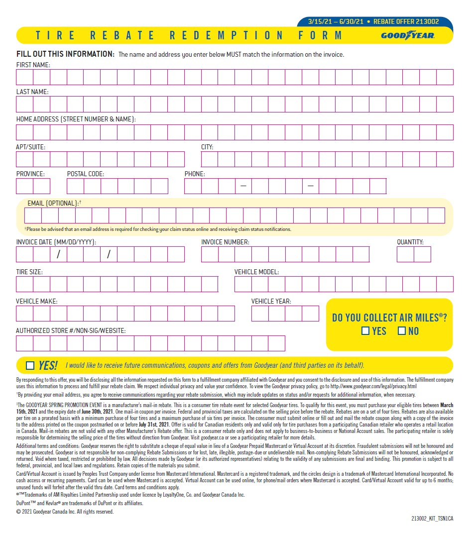 Goodyear Rebate Form Printable Rebate Form