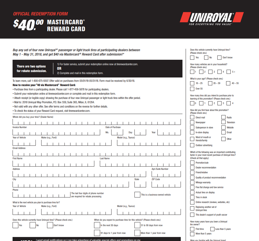 Uniroyal Tire Rebates By Mail Printable Rebate Form