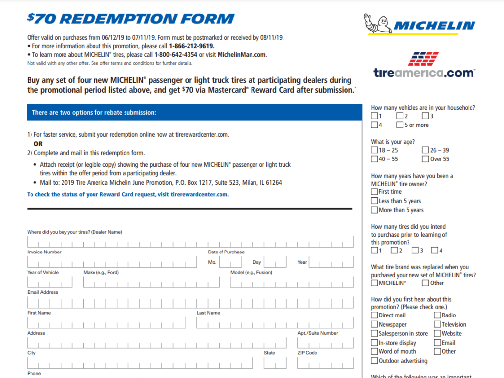 Michelin Tires Rebate Printable Rebate Form